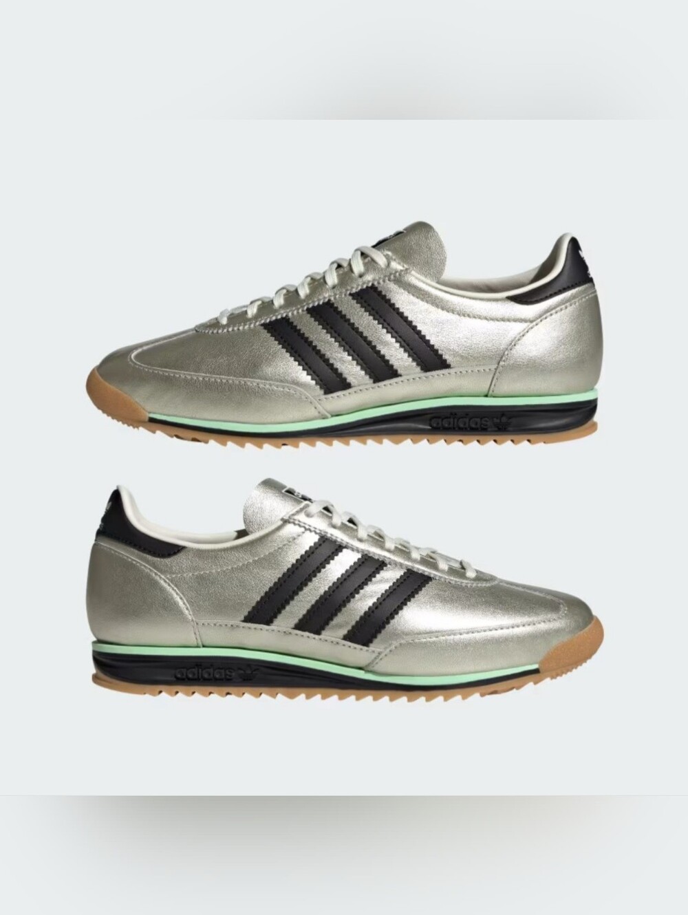 adidas SL 72 OG Sneaker Metallic Silver Mint Green Black Stripes and Gum Sole